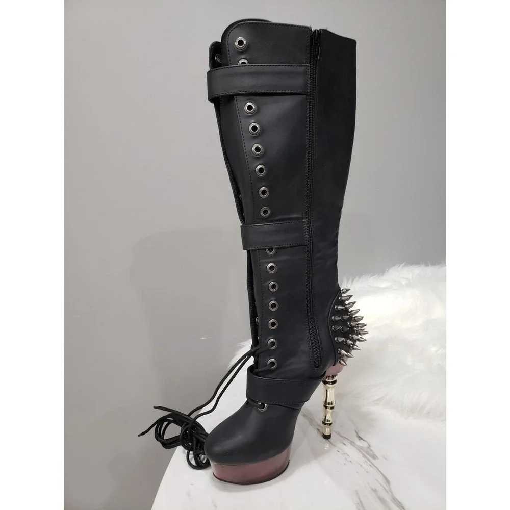 SIZE 7 DEMONIA Muerto Bone High Heel Spiked Skull Buckle Moto gothic Knee Boots